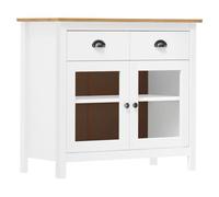 mtlskopl Buffet Hill en pin massif - Blanc et marron miel - 90 x 40 x 80 cm - Armoire de cuisine moderne avec 2 tiroirs, 2 étagères et 2 portes en verre - Pour salon, couloir, salle à manger