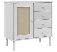 mtlskopl Buffet Senja Aspect Rotin Blanc 80x40x80 cm, Commode en Bois de Pin Massif avec 4 Tiroirs et 2 Compartiments, Bahut Meuble de Rangement pour Salon, Entrée et Séjour