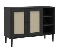 mtlskopl Buffet SENJA, commode en pin massif noir, buffet avec façades aspect rotin, design rétro bohème, armoire de salon avec 5 compartiments, 112 x 40 x 80 cm