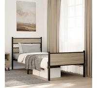 mtlskopl Cadre de lit 100 x 190 cm sans matelas - Lit classique en métal avec éléments décoratifs en chêne Sonoma, lit pour adolescent stable avec sommier à lattes et espace de rangement pour chambre