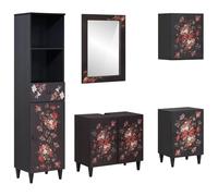 mtlskopl Ensemble de 5 armoires de salle de bain en bois de manguier massif 62 x 33 cm avec poignées en laiton et gaufrage floral Design moderne pour petites et grandes salles de bains