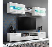 mtlskopl Ensemble de 5 meubles de salon LED blanc brillant composé de meuble TV, de 2 armoires suspendues et d'une étagère d'exposition pour salon contemporain
