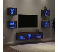 mtlskopl Ensemble de 7 pièces murales avec éclairage LED RVB en bois de chêne fumé - Buffet bas - 30/40 cm de profondeur - Moderne - Pour salon, bureau, chambre à coucher