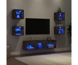 mtlskopl Ensemble de 7 pièces murales avec éclairage LED RVB en bois de chêne fumé - Buffet bas - 30/40 cm de profondeur - Moderne - Pour salon, bureau, chambre à coucher
