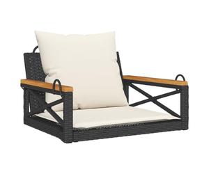 mtlskopl Fauteuil suspendu - Banc à bascule - Noir - 63 x 62 x 40 cm - En polyrotin - Avec coussin blanc crème - Cadre en acier robuste - Pour jardin, balcon et terrasse