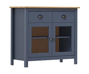 mtlskopl Hill - Buffet en pin massif avec 2 tiroirs et portes en verre - Gris - 90 x 40 x 80 cm - Commode de salon moderne pour cuisine, couloir et salle à manger