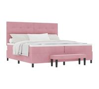mtlskopl Lit à sommier tapissier 200 x 200 cm avec matelas et tête de lit - Lit de luxe en velours rose - Lit double impérial complet avec cadre en bois, sommier à lattes et banc rembourré pour