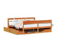 mtlskopl Lit double en bois massif 180 x 200 cm, marron cire, avec sommier à lattes et 4 tiroirs, tête de lit autoportante avec étagère, espace de rangement confortable pour chambre à coucher, chambre