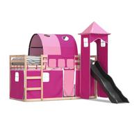 mtlskopl Lit mezzanine, pour enfant, avec toboggan, rose, 90 x 190 cm, en bois massif, superposé, avec rideaux, lit de jeu, pour chambre de fille, peu encombrant à partir de 6 ans