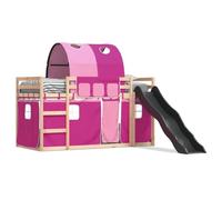 mtlskopl Lit mezzanine rose avec toboggan et rideaux - 80 x 200 cm - Bois de pin massif - Toboggan anthracite - Lit superposé avec fonction jeu et sommier à lattes pour chambre d'enfant