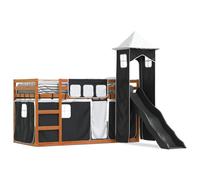 mtlskopl Lit superposé, avec toboggan, en bois de pin, 90 x 200 cm, protection anti-chute, rideau de jeu, pour chambre d'enfant et lit d'invités - Blanc/noir