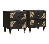 mtlskopl Lot de 2 Tables de Chevet en Bois de Manguier Massif Noir, Meuble de Nuit Moderne avec 2 Tiroirs, Pieds et Poignées en Laiton pour Chambre, 40 x 33 x 46 cm