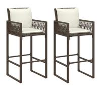 mtlskopl Lot de 2 tabourets de bar de jardin en polyrotin - Marron - 52 x 58 x 118 cm - Avec coussin crème - Accoudoir - Hauteur d'assise : 80 cm - Résistant aux UV - Design moderne - Pour balcon