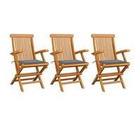 mtlskopl Lot de 3 chaises de jardin en teck finement poli avec coussins d'extérieur gris 55 x 60 x 89 cm - Dossier haut pliable pour balcon, terrasse et petites surfaces