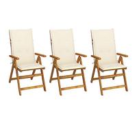 mtlskopl Lot de 3 chaises de jardin pliantes avec coussins blanc crème en bois d'acacia massif, 57 x 69 x 111 cm, fauteuil de salon réglable, peu encombrant, pour balcon, terrasse et jardin