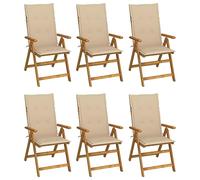 mtlskopl Lot de 6 chaises de jardin pliantes avec coussins en bois massif d'acacia - 57 x 69 x 111 cm - Beige - Coussin réglable sur 5 positions - Peu encombrant - Pour jardin, terrasse, balcon