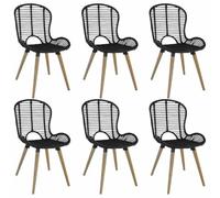 mtlskopl Lot de 6 chaises de salle à manger, en rotin naturel, noires, 48 x 64 x 85 cm, avec pieds en bois, look vintage, robustes et durables, pour cuisine, salon
