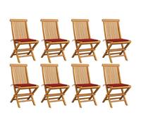 mtlskopl Lot de 8 chaises de jardin pliantes en bois massif teck avec coussin d'assise rouge, chaises pliantes robustes pour jardin, terrasse, balcon, 47 x 60 x 89 cm