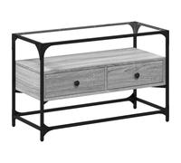 mtlskopl Meuble TV avec Dessus en Verre Gris Sonoma 80x35x51 cm, Table de Télévision Industrielle en Bois d'Ingénierie et Métal, Buffet Bas de Salon avec 2 Tiroirs