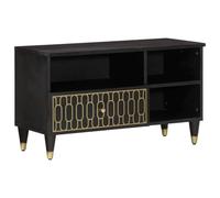 mtlskopl Meuble TV bas 80 x 33 x 46 cm en bois de manguier massif noir, design rétro sculpté à la main, pieds en fer pour plus de stabilité, table TV pour salon et chambre à coucher