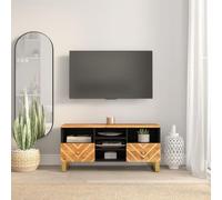 mtlskopl Meuble TV bas marron noir 100 x 33,5 x 46 cm en bois de manguier avec pieds en fer, design moderne, table TV massive avec espace de rangement pour salon et chambre à coucher