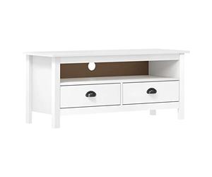mtlskopl Meuble TV en Bois de Pin Massif Blanc Hill Range, 110x40x47 cm, Buffet Bas de Salon Style Rustique avec 2 Tiroirs et 1 Compartiment Ouvert pour Décoration Intérieure