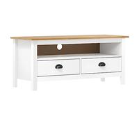 mtlskopl Meuble TV en Bois de Pin Massif, Buffet Bas avec 2 Tiroirs et 1 Compartiment, Support Télévision Rustique de Salon, 110 x 40 x 47 cm, Blanc et Marron Miel, Gamme Hill