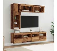 mtlskopl Meuble TV LED en bois recyclé - 175 cm - Étagère murale suspendue avec 7 barres LED - Meuble bas moderne en bois robuste pour salon et chambre à coucher