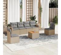 mtlskopl Salon de jardin beige 7 pièces en polyrotin - 55 x 62 x 69 cm - Tablettes pliables - Table en bois d'acacia - Résistant aux intempéries - Pour jardin, terrasse, balcon et jardin d'hiver
