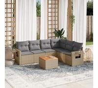 mtlskopl Salon de jardin en polyrotin à 7 pièces - Beige - Résistant aux intempéries - 62 x 62 x 69 cm - Avec table en bois d'acacia - Coin salon modulaire pour balcon, terrasse, jardin d'hiver