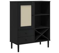 mtlskopl SENJA - Meuble haut en pin massif noir 90 x 40 x 112 cm avec façade aspect rotin, vernis UV, espace de rangement pour salon, couloir, salle à manger, buffet, armoire de cuisine