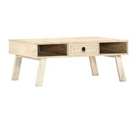 mtlskopl Table basse 100 x 60 x 40 cm en bois de manguier blanchi massif avec sculpture, 1 tiroir, 2 compartiments, fabriquée à la main, peu encombrante pour salon, chambre à coucher et couloir