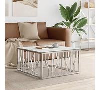 mtlskopl Table basse argentée 80 x 80 x 40 cm en acier inoxydable verre trempé aspect marbre design moderne robuste et facile d'entretien pour salon, chambre à coucher, bureau