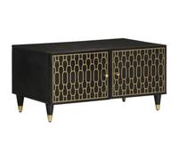 mtlskopl Table basse en bois de manguier - 80 x 50 x 40 cm - Noire - Avec pieds en fer - Motif sculpté à la main - Espace de rangement derrière la porte - Table d'appoint moderne pour salon, chambre à