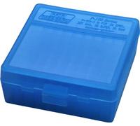 MTM 38/357 Cal 100 Boîte à munitions avec couvercle rabattable, P-100-3-24, Transparent - bleu