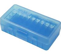 MTM P50-9M-24 Ammo Box 50 Round Flip-Top | Fits 380 ACP & 9MM Cal| Made of Polypropylene | Stackable, Snap Lock Latch | USA Made | Clear Blue