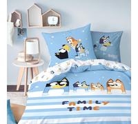 MTOnlinehandel Bluey Parure de lit en coton 135 x 200 cm, pour fille et garçon, motif réversible, 1 taie d'oreiller 80 x 80 cm + housse de couette 135 x 200 cm, certifiée Öko-Tex