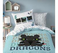 MTOnlinehandel Dragons Parure de lit 135 x 200 cm + 80 x 80 cm - Sans dents - 100 % coton - Motif réversible - Parure de lit garçon - Fermeture éclair - Idée cadeau Toothless Night Fury