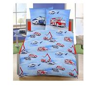 MTOnlinehandel Parure de lit pour Enfant en Flanelle - 2 pièces - Motifs Voiture de Police/Pompiers - Dimensions de 80 x 80 + 135 x 200 cm