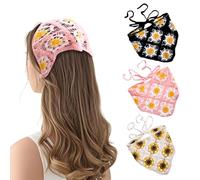 mtuihfo Lot de 3 bandanas au crochet pour femme, foulard tricoté à motif floral bohème, bandana creux noué pour l'été, la plage, les vacances (noir #2 + jaune + rose, taille unique)