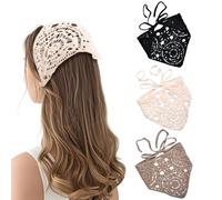 mtuihfo Lot de 3 bandanas au crochet pour femme - Style bohème - Motif floral - Pour l'été, la plage, les vacances, Noir #1 + beige + marron, taille unique