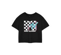 MTV Checkerboard Logo T-Shirt Court Noir pour Femme | T-Shirt Graphique à Manches Courtes | Haut rétro avec Logo Vêtements de télévision Musicale | T-Shirt Noir de Style Vintage pour Femme