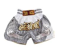 MUAY NATION Shorts de Boxe Thaï pour Enfants (2 à 12 Ans) Filles et garçons, Shorts pour Muay Thaï, MMA, Arts Martiaux (FR/ES, Âge, 4 Ans, 6 Ans, Taille Normale, PRM Blanc/Gris)