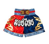 MUAY NATION Shorts de Boxe Thaï pour Hommes et Femmes, Shorts de Muay Thai, vêtements d'entraînement, Short d'arts Martiaux (FR/ES, Alpha/Lettres, XXL, Taille Normale, Taille Normale, Bleu/Rouge)
