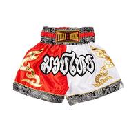 MUAY NATION Shorts de Boxe Thaï pour Hommes et Femmes, Shorts de Muay Thai, vêtements d'entraînement, Short d'arts Martiaux (FR/ES, Alpha/Lettres, L, Taille Normale, Taille Normale, Blanc/Rouge)