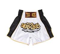 MUAY NATION Shorts de Boxe Thaï pour Hommes et Femmes, Shorts de Muay Thai, vêtements d'entraînement, Short d'arts Martiaux (FR/ES, Alpha/Lettres, L, Taille Normale, Taille Normale, Classique Blanc)