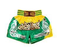 MUAY NATION Shorts de Boxe Thaï pour Hommes et Femmes, Shorts de Muay Thai, vêtements d'entraînement, Short d'arts Martiaux (FR/ES, Alpha/Lettres, TG, Taille Normale, Taille Normale, PRM Jaune/Vert)