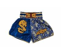 MUAY NATION Shorts de Boxe Thaï pour Hommes et Femmes, Shorts de Muay Thai, vêtements d'entraînement, Short d'arts Martiaux (FR/ES, Alpha/Lettres, TG, Taille Normale, Taille Normale, Dragon Bleu)