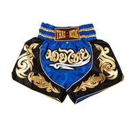 MUAY NATION Shorts de Boxe Thaï pour Hommes et Femmes, Shorts de Muay Thai, vêtements d'entraînement, Short d'arts Martiaux (FR/ES, Alpha/Lettres, L, Taille Normale, Taille Normale, Bleu)