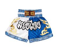 MUAY NATION Shorts de Boxe Thaï pour Hommes et Femmes, Shorts de Muay Thai, vêtements d'entraînement, Short d'arts Martiaux (FR/ES, Alpha/Lettres, L, Taille Normale, Taille Normale, Blanc/Bleu)